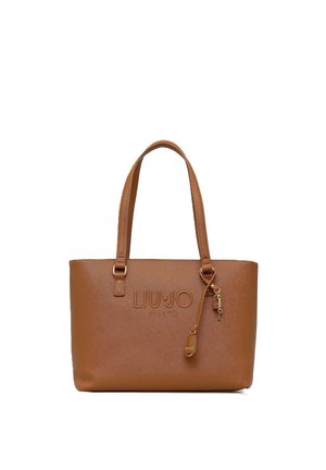 Brun læderhåndtaske med to håndtag, preget "LIU JO MILANO"-logo og lille dekorativ lås og nøgle fastgjort til en rem.