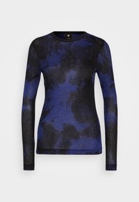 Maglietta a maniche lunghe in un motivo astratto blu e nero, realizzata in tessuto morbido, con colletto tondo e design aderente.