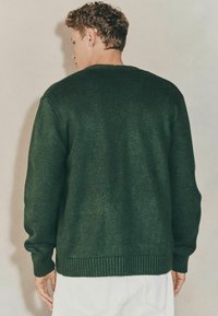 Grüner Strickpullover mit strukturiertem Finish, gerippten Bündchen und Saum. Verfügt über einen klassischen Rundhalsausschnitt und eine lockere Passform.