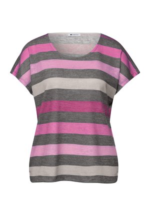 Chemise pour femmes à manches courtes avec de larges rayures horizontales dans des nuances de rose, gris et beige, dotée d'un col rond.