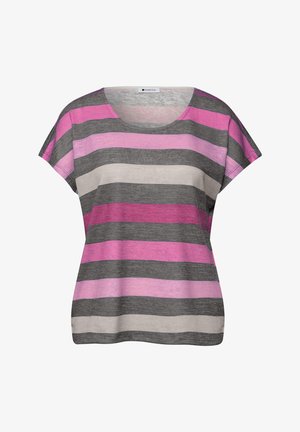 Chemise pour femmes à manches courtes avec de larges rayures horizontales dans des nuances de rose, gris et beige, dotée d'un col rond.
