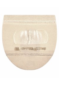 Chaussette beige avec un haut côtelé, dotée d'une zone de grip en silicone transparent et d'un talon renforcé. Texture douce, forme ronde, design ajusté.