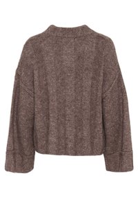 Brown knitted sweater with a textured pattern, wide sleeves, a rounded neckline, and a cropped silhouette, featuring ribbed cuffs and hem.