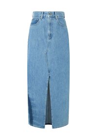 Svetlo modra jeans krila z visokim pasom, sprednjim razporkom, zasnovo s petimi žepi in zadrgo. Gladka tekstura in ravna silhueta.