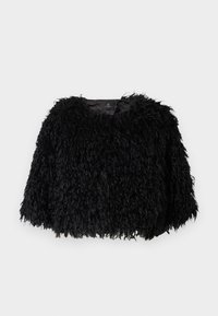 Veste cropped en fausse fourrure noire avec un extérieur texturé et fluffy, décolleté rond et sans fermetures visibles. Intérieur doublé visible au niveau du cou.