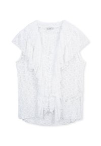 Blouse en dentelle blanche avec des manches courtes à volants, texture douce et design fluide. Dotée d'un détail en volants superposés sur le devant.