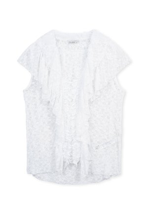 Blusa bianca in pizzo con maniche corte arricciate, texture morbida e design fluido. Presenta un dettaglio a volant sovrapposto lungo la parte frontale.