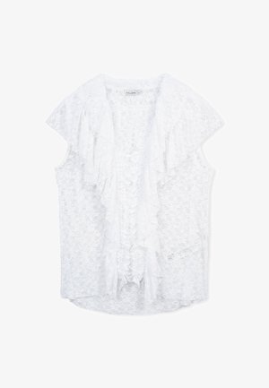 Blusa bianca in pizzo con maniche corte arricciate, texture morbida e design fluido. Presenta un dettaglio a volant sovrapposto lungo la parte frontale.