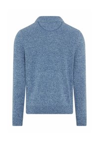 Blue knitted sweater with a textured finish and a high collar. Features long sleeves and a straight hem.
