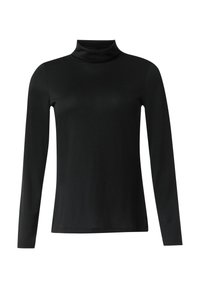 Zwarte lange mouwen turtleneck top gemaakt van een soepel, rekbaar materiaal. Heeft een getailleerd ontwerp en een zachte, hoge kraag.