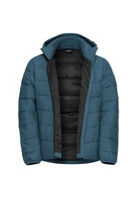 Teal pufferjack met een afneembare capuchon, voorzien van een geweven textuur, zwarte binnenvoering en een rits aan de voorkant.