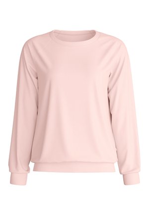 Hellrosa langärmliges Sweatshirt mit rundem Ausschnitt, gerippten Bündchen und Saum, auf einem schlichten weißen Hintergrund dargestellt.