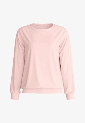 Sweat-shirt à manches longues rose clair avec col rond, poignets et ourlet côtelés, présenté sur un fond blanc uni.