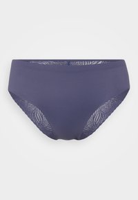 Navyblauwe bikini onderkant met een gladde stoffen voorkant en kantdetails aan de zijkanten, met een middenhoogte snit en een zachte textuur.