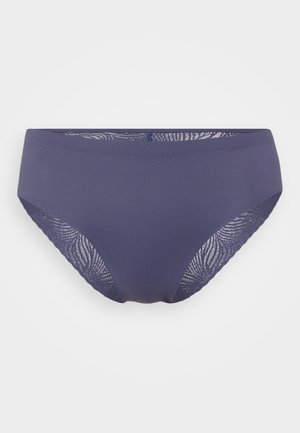 Dunkelblauer Bikiniunterteil mit glattem Stoff an der Vorderseite und Spitzenverzierungen an den Seiten, ausgestattet mit einem mittelhohen Schnitt und weicher Textur.