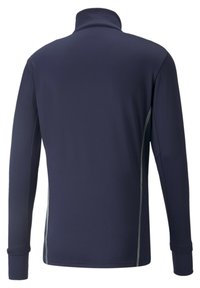 Langärmliger Pullover in Navy mit einem hohen Kragen, ausgestattet mit einer glatten Textur und reflektierenden Seitendetails. Einfaches Design, keine Drucke oder Logos.