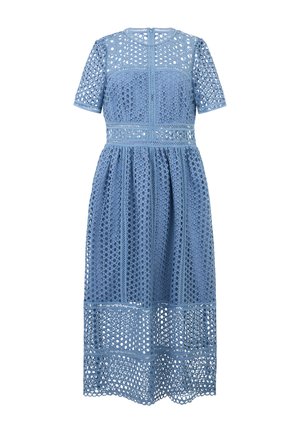 Light blue midi dress with short sleeves, circular eyelet lace pattern, fitted waist, and semi-sheer panels on bodice and hem.