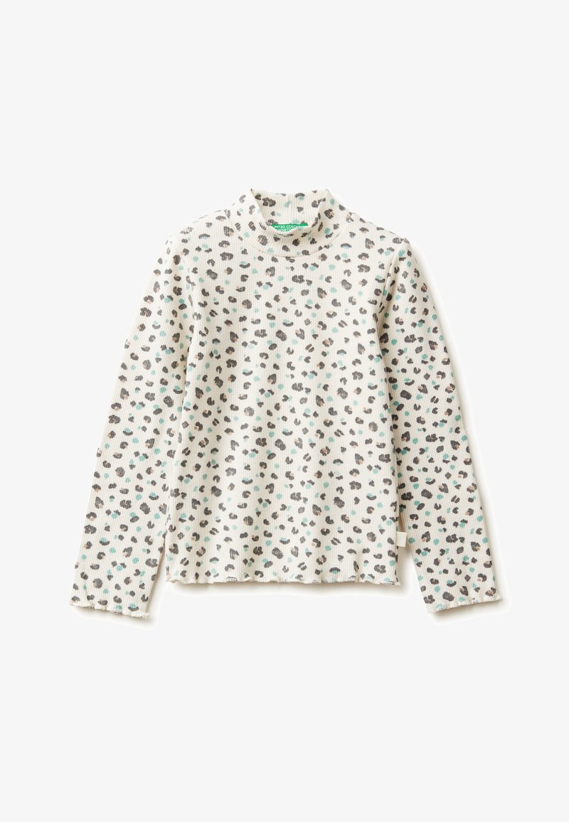 Langärmliges, geripptes Oberteil in Weiß mit einem mehrfarbigen Leopardenmuster. Verfügt über einen Stehkragen und einen rohen Saum. Weicher Stoff.