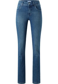 Jeans in denim blu scuro con un design a gamba dritta, cinque tasche e chiusura con bottone. Sbiaditure sottili sul davanti per un effetto texture.
