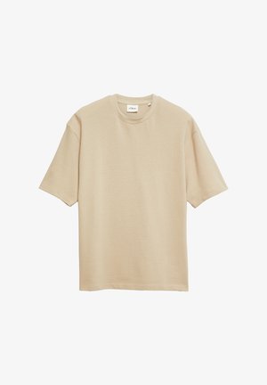 T-shirt beige à manches courtes, col rond, tricot texturé avec une coupe décontractée, présenté sur fond blanc.