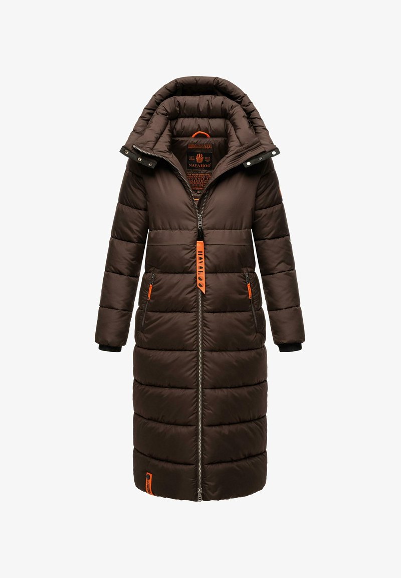 Brown padded winter coat with a hood, featuring a full zipper, orange accents, and side pockets. Constructed from smooth, quilted material.