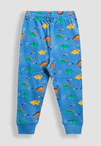 Modré bavlněné legíny s různými barevnými dinosaurími vzory v zelené, oranžové a žluté, s elastickým pasem a manžetami na kotnících.