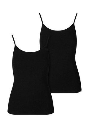 Black cotton camisoles with thin straps, featuring a fitted design and smooth texture. Two pieces included in the pack.