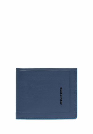 Marineblaues Lederportemonnaie mit glatter Textur, rechteckiger Form, Kontrastnähten und geprägt Logo auf der Vorderseite.