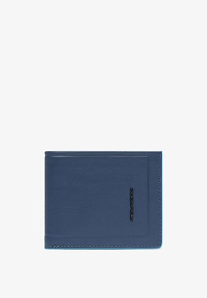 Portafoglio in pelle blu navy con texture liscia, forma rettangolare, cuciture a contrasto e logo embossato sul davanti.