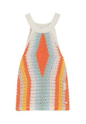 Vestido sin mangas de crochet con tirantes anchos, con rayas verticales en naranja, azul, amarillo y crema, con un patrón geométrico.