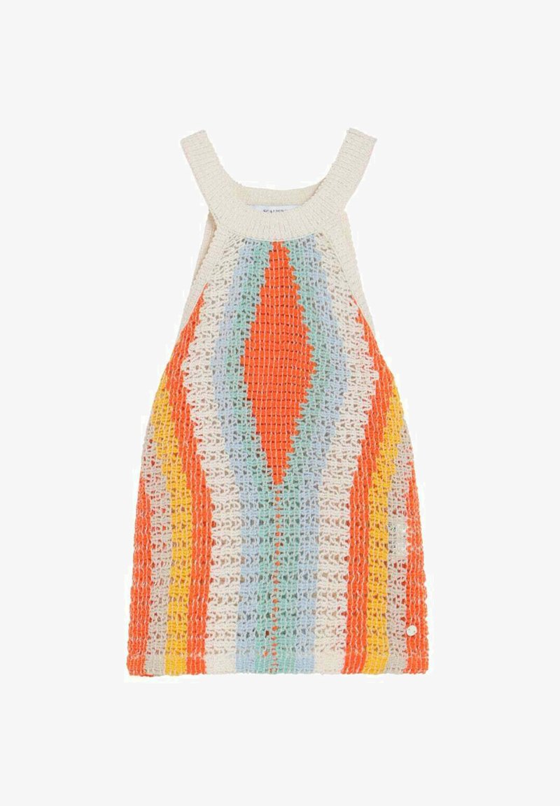 Vestido sin mangas de crochet con tirantes anchos, con rayas verticales en naranja, azul, amarillo y crema, con un patrón geométrico.