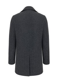 Czarny wełniany płaszcz w odcieniu ciemnoszarym z wykładanym kołnierzem, długimi rękawami i stanowiska wentylacyjnego z tyłu. Posiada gładką teksturę i dopasowany krój.