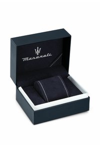 Scatola regalo blu navy con interno bianco, caratterizzata da una fodera in tessuto testurizzato e un logo Maserati impresso in argento. Include una sezione espositiva imbottita.