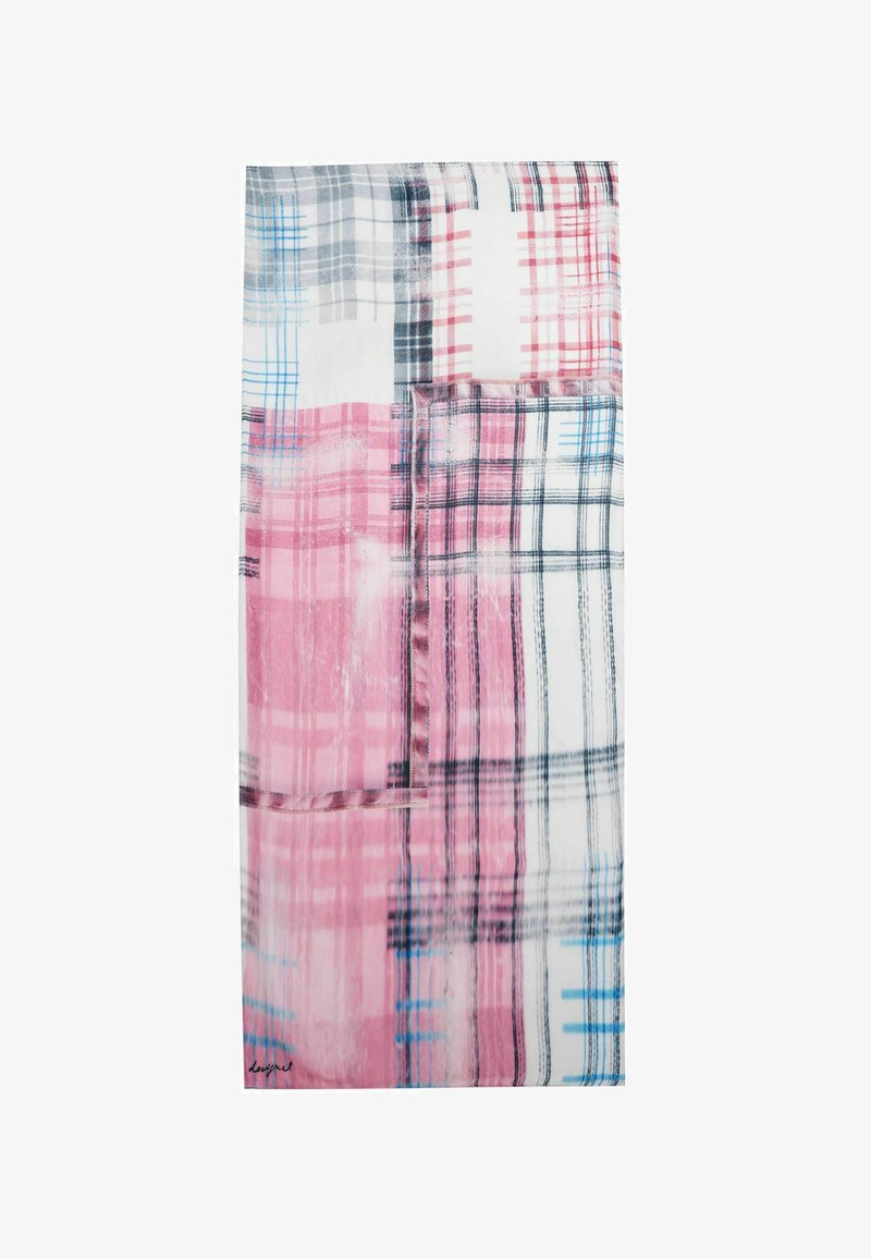 Kockás szövet, amely különböző rózsaszín, fekete és kék árnyalatokat tartalmaz. A minta négyzet alakú elemeket és eltérő textúrákat ötvöz a különböző részeken.