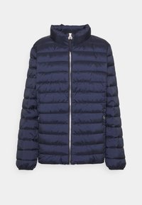 Giacca a vento blu navy con colletto alto, motivo a cuciture orizzontali, chiusura con zip e polsini elasticizzati. Tessuto leggero e testurizzato.
