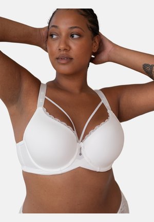 White bra with padded cups, adjustable straps, lace trim along the neckline, and a small decorative bow at the center. Smooth texture.