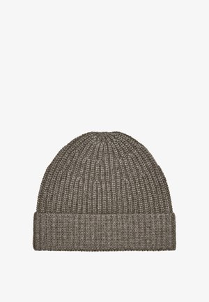 Knitted beanie in a muted gray color, featuring a ribbed texture and a folded cuff. Material appears warm and stretchy.