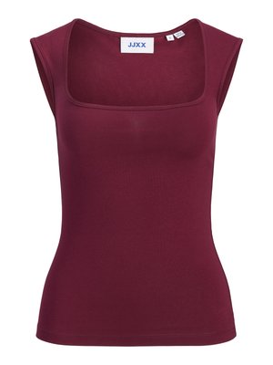 Bez rękawów, dopasowany bordowy top z kwadratowym dekoltem i widoczną metką marki "JJXX" wewnątrz kołnierza, rozmiar mały.