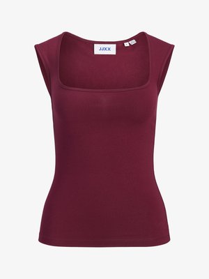 Bez rękawów, dopasowany bordowy top z kwadratowym dekoltem i widoczną metką marki "JJXX" wewnątrz kołnierza, rozmiar mały.
