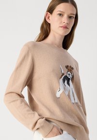 Pulover bej cu guler rotund, având un grafic tricotat cu un câine. Textură moale, mâneci lungi și croială lejeră.