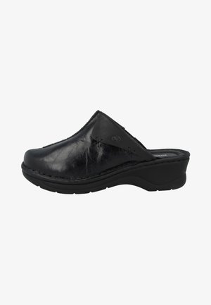 Sabots en cuir noir à finition lisse, de forme courbée, avec une semelle épaisse et texturée ; présente une couture décorative le long du bord.