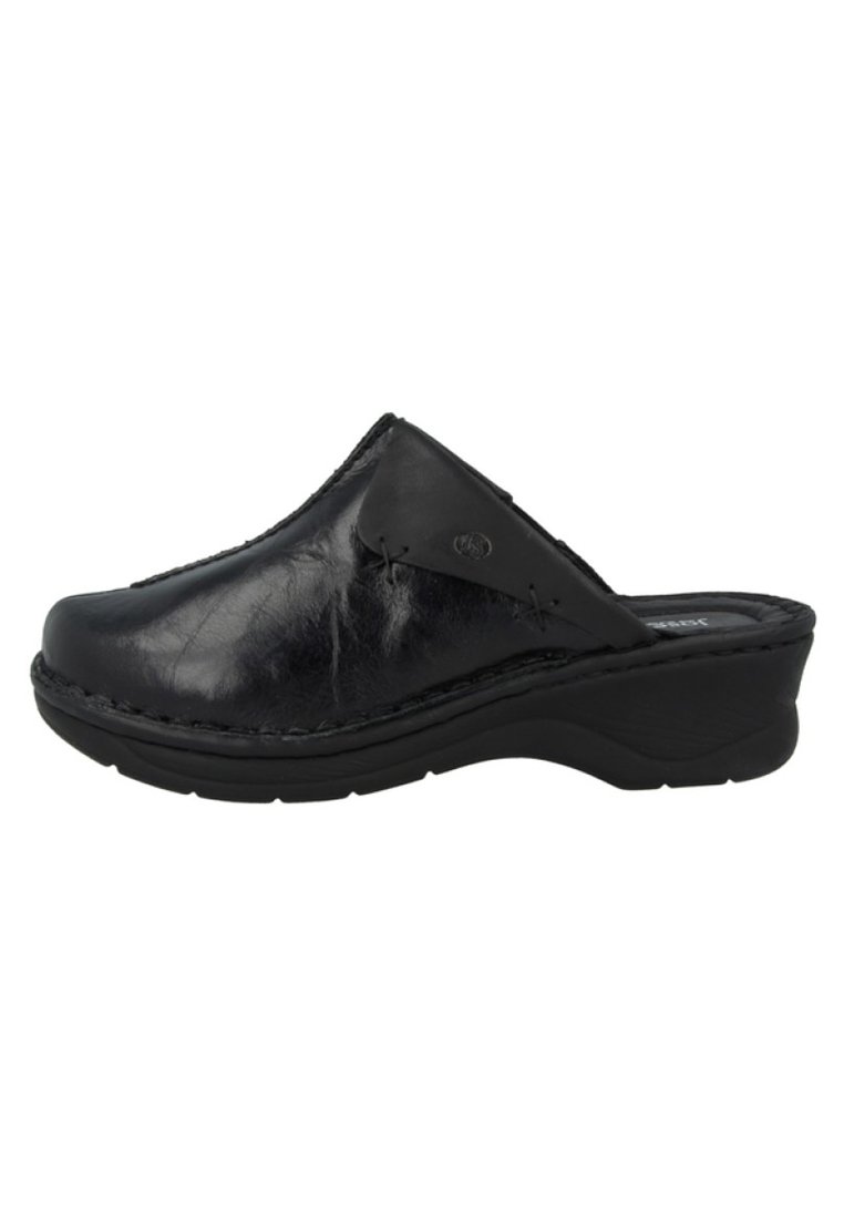 Black leather clogs with a smooth finish, curved shape, and thick, textured wedge sole; features decorative stitching along the edge.