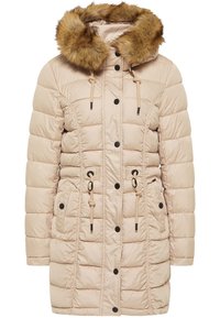 Beige gewatteerde winterjas met knopen aan de voorkant, een koord in de taille en een capuchon gevoerd met een bruin nepbont.