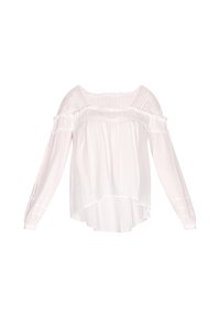Hvid off-shoulder bluse med lange ærmer, samlet halsudskæring og elastiske manchetter, med en gennemsigtig spidsindsats på skuldrene.