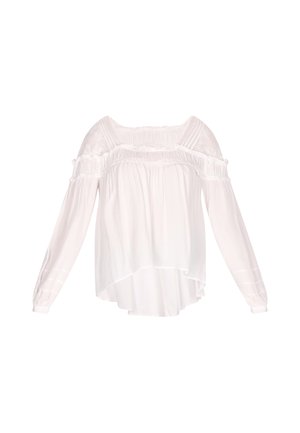 Baltā off-the-shoulder blūze ar garām piedurknēm, savilktu kaklu un elastīgām aprocēm, ar caurspīdīgu mežģīņu iešuvumu plecos.