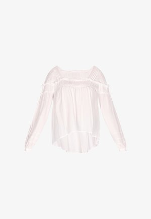 Biela blúzka bez ramienok s dlhými rukávmi, zhromaždeným výstrihom a elastickými manžetami, s priehľadným čipkovým vložkom na ramenách.