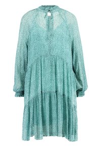 Tyrkysové, podávající šaty z lehké, průsvitné tkaniny, zdobené potiskem leopardí kožešiny, s dlouhými rukávy a otvorovým výstřihem na zádech se zapínáním na knoflík.