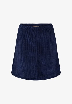 Navyblå fløjlsnederdel med ribbet struktur, med en blød elastisk talje og en udsvinget form, der slutter lige over midt på låret.