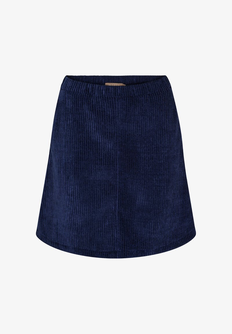 Navyblå fløjlsnederdel med ribbet struktur, med en blød elastisk talje og en udsvinget form, der slutter lige over midt på låret.