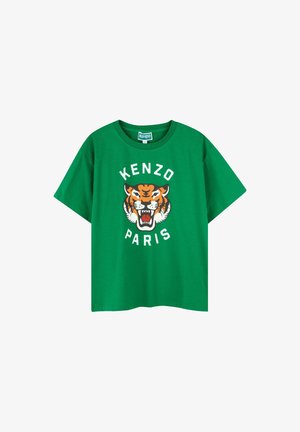 Groene katoenen t-shirt met een grote oranje tijgerafbeelding met zwarte details en de tekst "KENZO PARIS" in witte cirkelvormige letters.